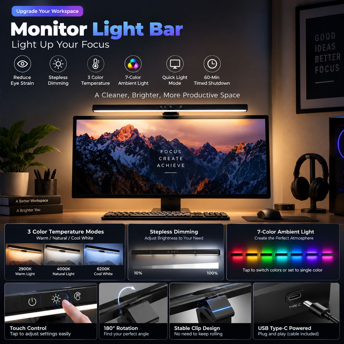RGB Monitor Light Bar — USB-C Screen Light for Curved & Flat Monitors