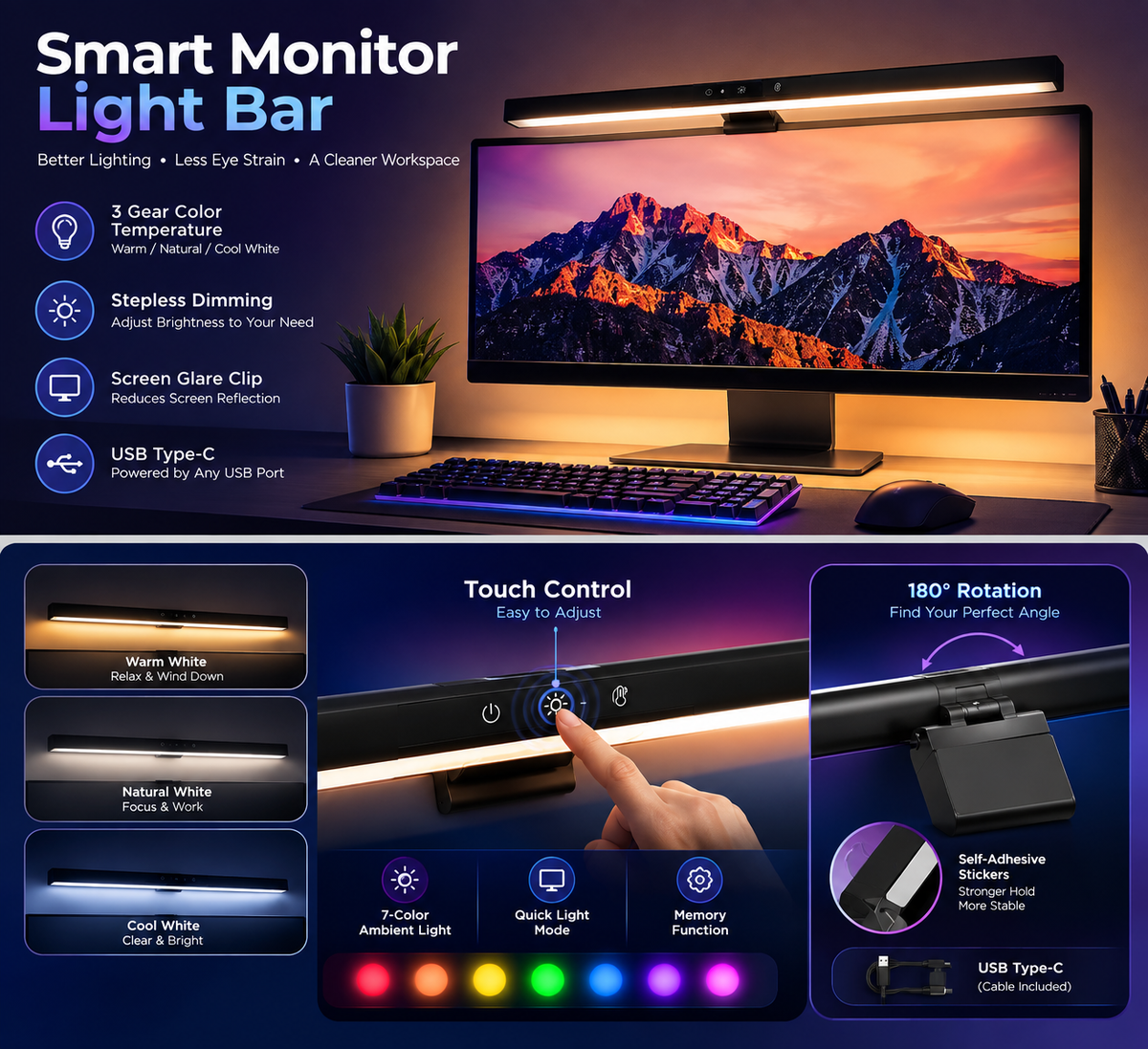 RGB Monitor Light Bar — USB-C Screen Light for Curved & Flat Monitors