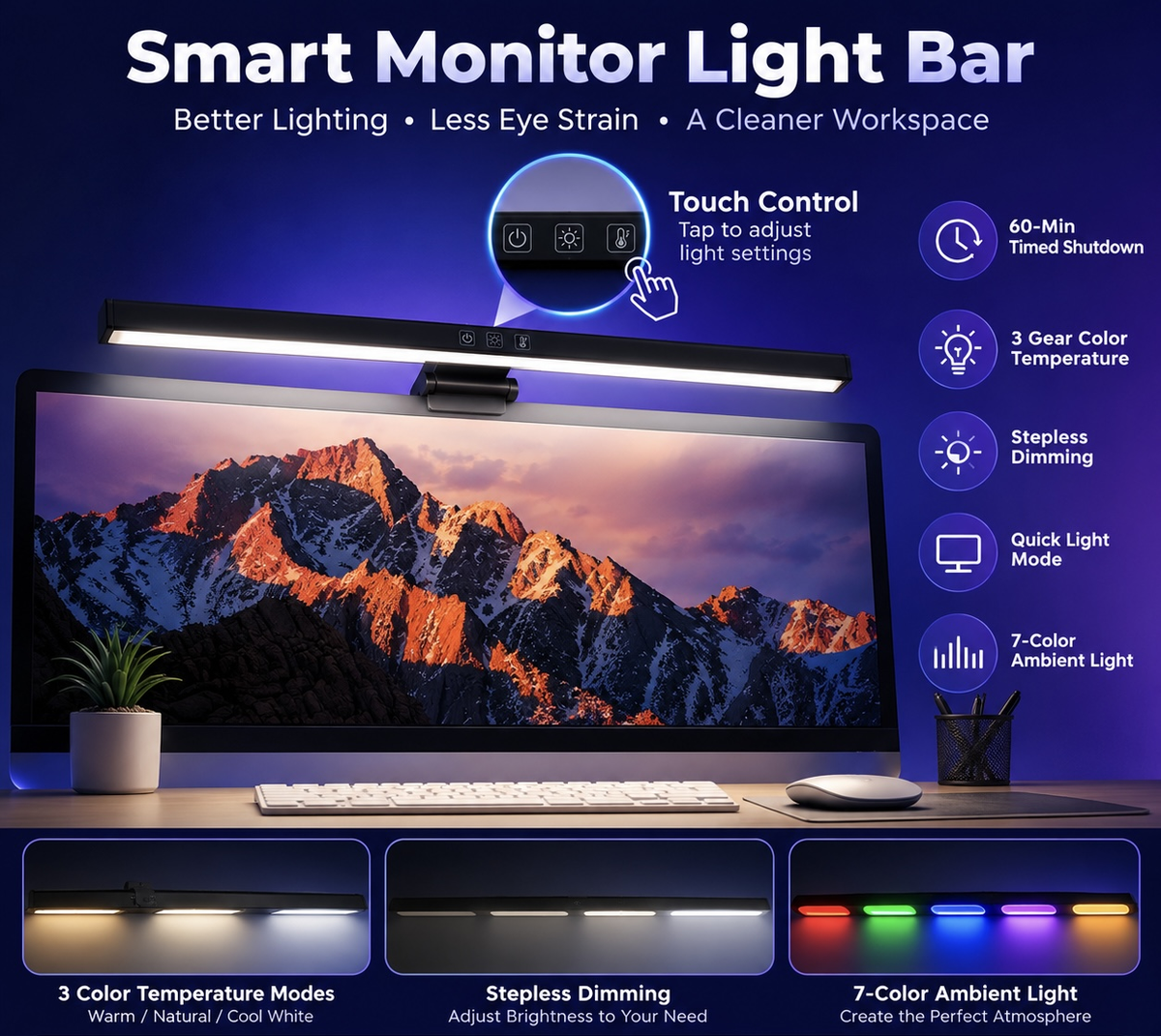 RGB Monitor Light Bar — USB-C Screen Light for Curved & Flat Monitors