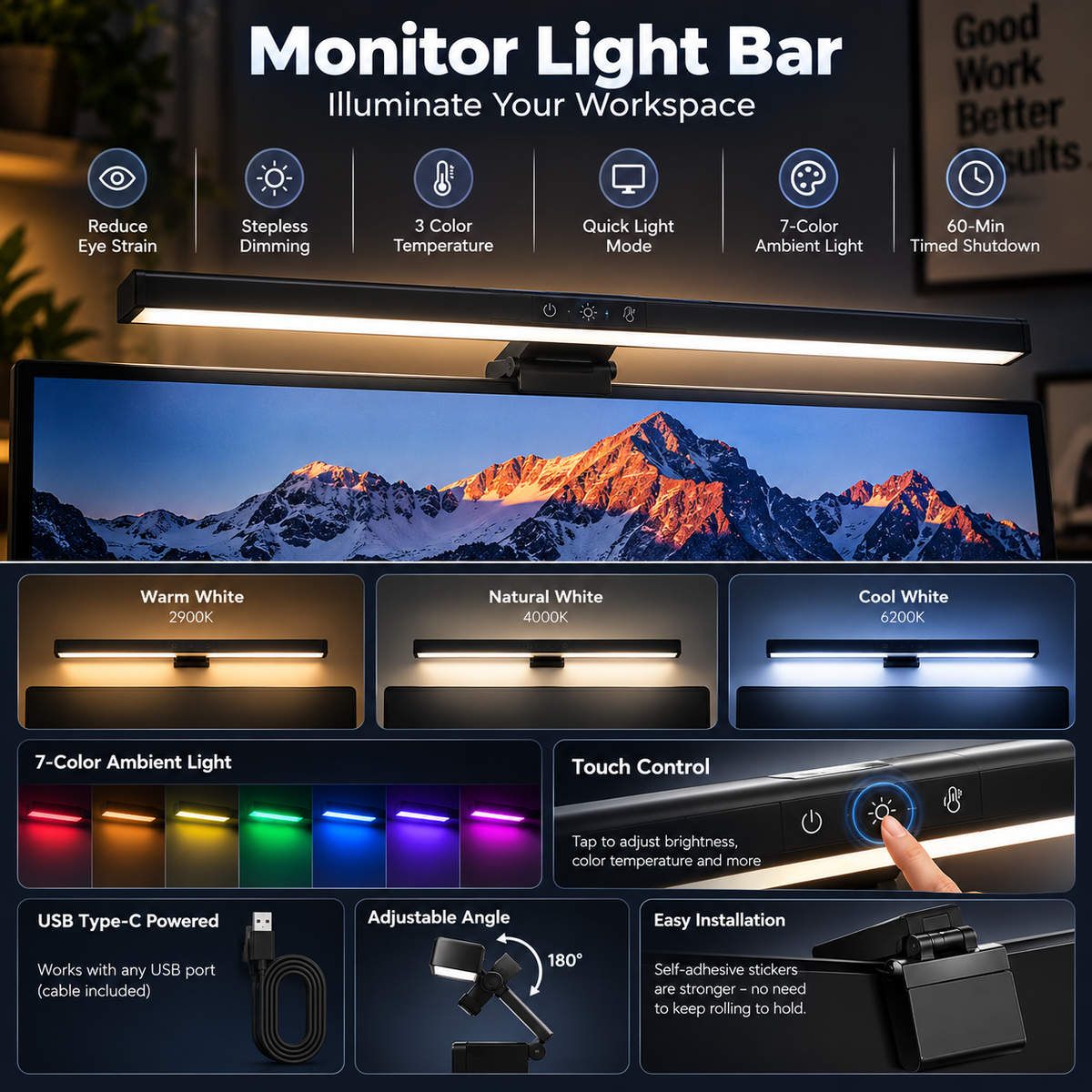 RGB Monitor Light Bar — USB-C Screen Light for Curved & Flat Monitors